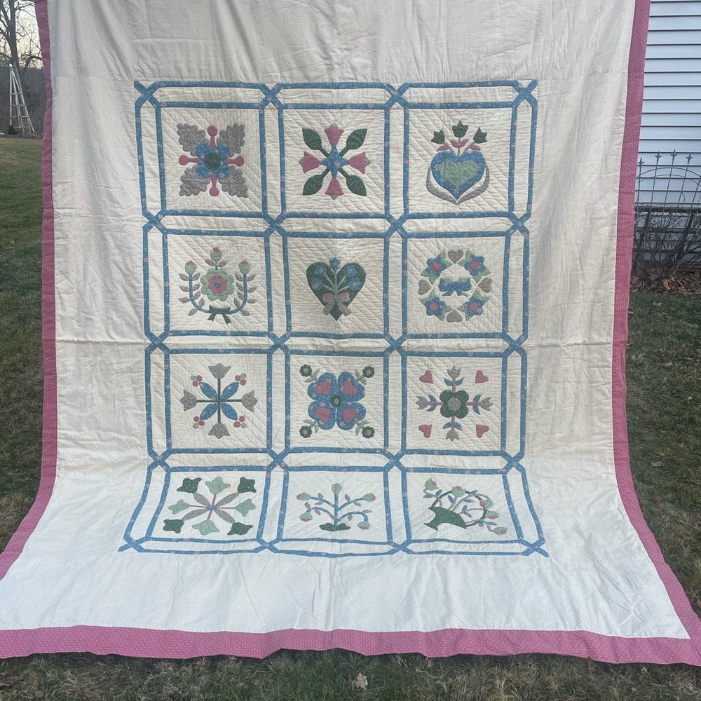 Unique Handmade Quilt - cream, smoky blue and mauve…Original one of a kind